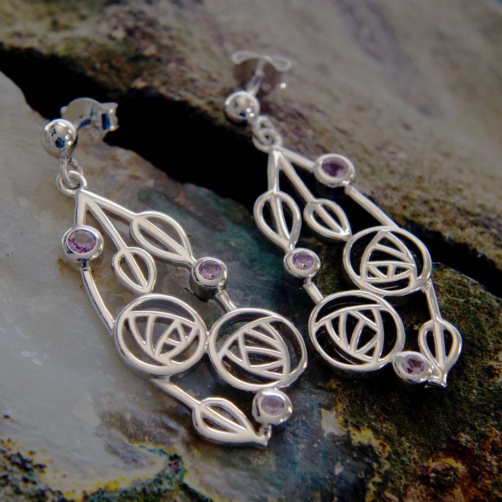 Charles Rennie Mackintosh Earrings "Highback" Set With Amethysts