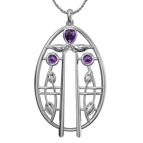 Charles Rennie Mackintosh pendant Music. Sterling silver. 3 Little Amethysts. Cairn 181AM