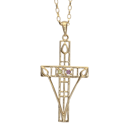 Amethyst & peridot 9ct gold cross necklace "Queen's Cross". Charles Rennie Mackintosh. Cairn pendant 200GAP