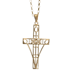 9ct gold diamond set cross necklace. "Queen's Cross". Charles Rennie Mackintosh. Cairn pendant 202GD