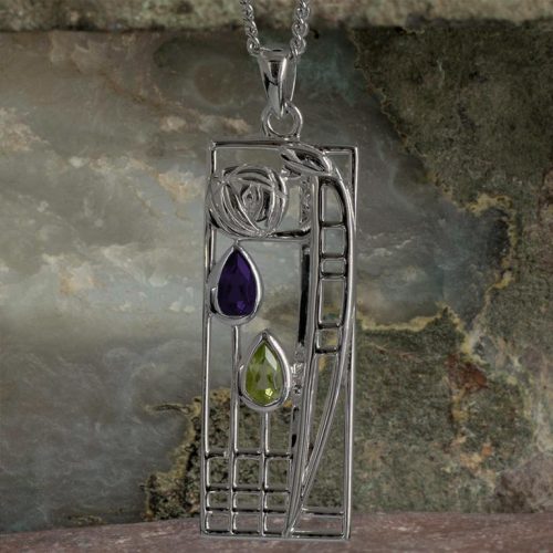 Charles Rennie Mackintosh Necklace "Lover" Sterling Silver. Tarnish Resistant. Amethyst & Peridot. Cairn 310