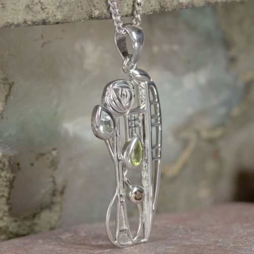 Cairn 375 Silver Rennie Mackintosh Pendant "Nairn" Aquamarine, Peridot & Smoky Quartz 2
