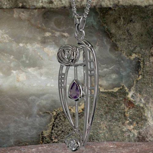Charles Rennie Mackintosh Necklace "Catherine" Set With Amethyst & Cz. Sterling Silver. Tarnish Resistant. Cairn 320
