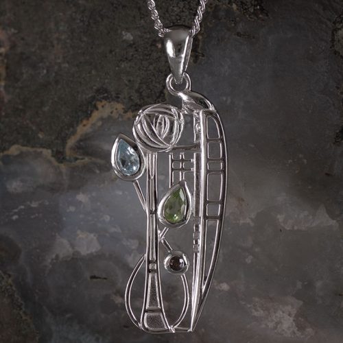 Charles Rennie Mackintosh Necklace "Nairn" Aquamarine, Peridot & Smoky Quartz (Cairngorm). Sterling Silver. Tarnish Resistant. Cairn 375
