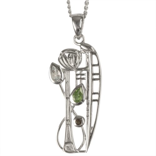 Charles Rennie Mackintosh Necklace "Nairn" Aquamarine, Peridot & Smoky Quartz (Cairngorm). Sterling Silver. Tarnish Resistant. Cairn 375