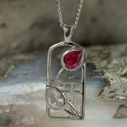 Sterling Silver Charles Rennie Mackintosh “Valentine” Necklace Ruby & “white” czs. Tarnish Resistant. Cairn 584