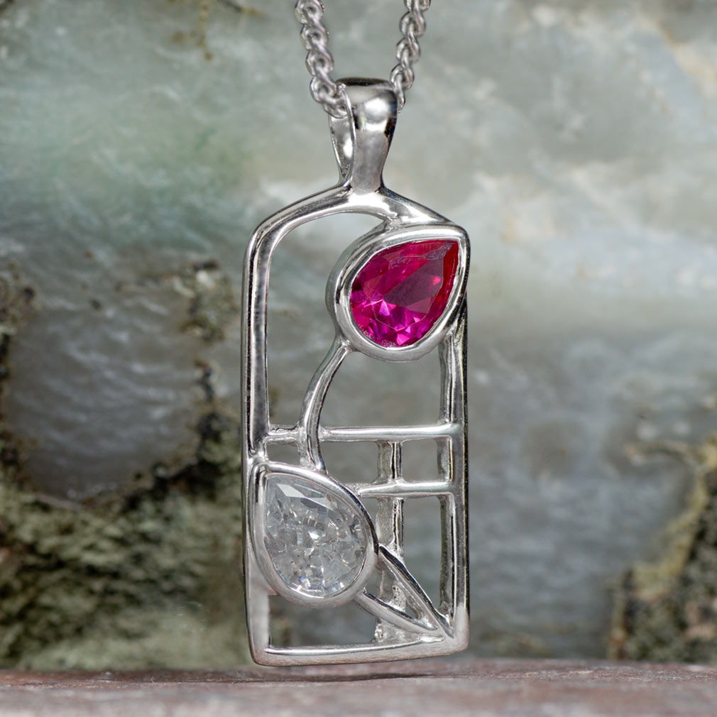 Charles Rennie Mackintosh Necklace "Valentine" Ruby & "White" Czs