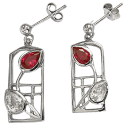Charles Rennie Mackintosh earrings Valentine. Sterling silver. Ruby & cubic zirconias. Cairn CG 585