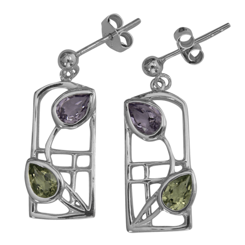 "Dern" Silver Charles Rennie Mackintosh earrings. Amethysts & peridots. Cairn 599