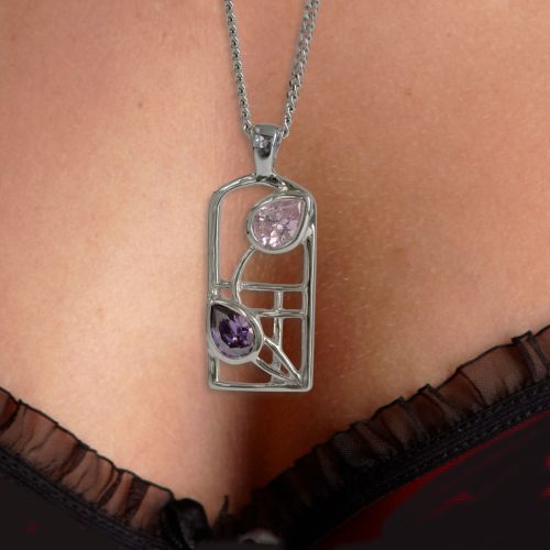 Silver Charles Rennie Mackintosh Pendant Amethyst & Pink Cz "Petals" 602 Cairn