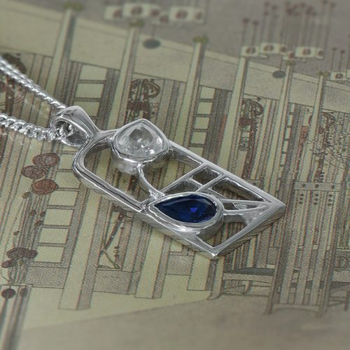 Charles Rennie Mackintosh Necklace "Saltire" Sapphire & Cz. Sterling Silver. Tarnish Resistant. Cairn 604