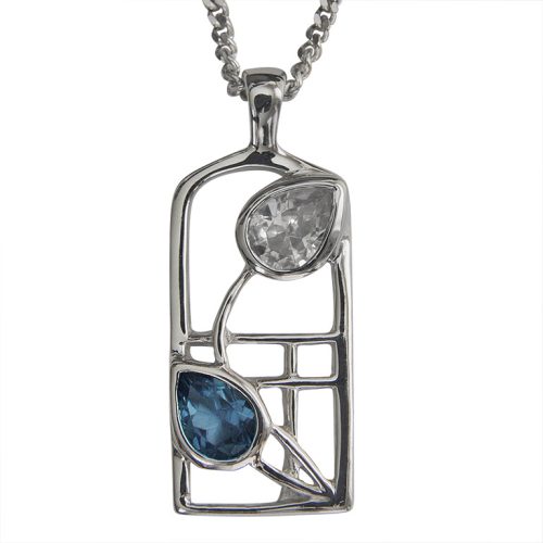 Charles Rennie Mackintosh Necklace "Saltire" Sapphire & Cz. Sterling Silver. Tarnish Resistant. Cairn 604