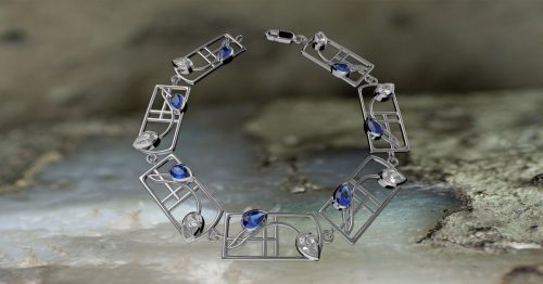 Charles Rennie Mackintosh silver bracelet "Saltire" set with sapphire & cubic zirconia.