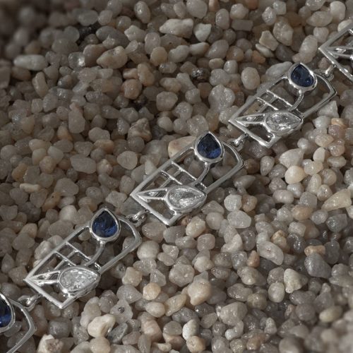 Charles Rennie Mackintosh Bracelet "Saltire". Royal Blue Sapphire & White Czs. Sterling Silver. Tarnish Resistant. Cairn 604b