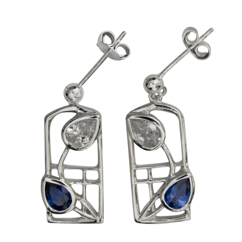 Royal blue sapphires & cubic zirconias silver earrings Saltire. 605 Cairn