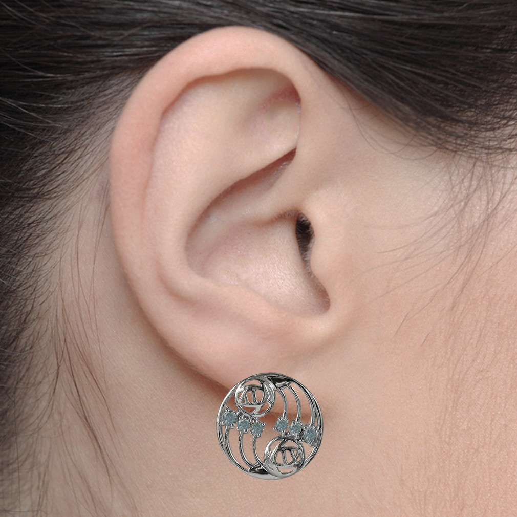 Charles Rennie Mackintosh Earrings "Glasgow" Set With Aquamarines (12 stones) Sterling Silver. Tarnish Resistant. Cairn 802